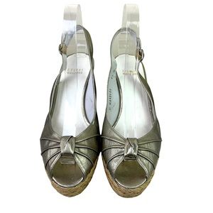 Stuart Weitzman Leather Metallic Wedge Platform Slingback Sandals Gold Size 8.5